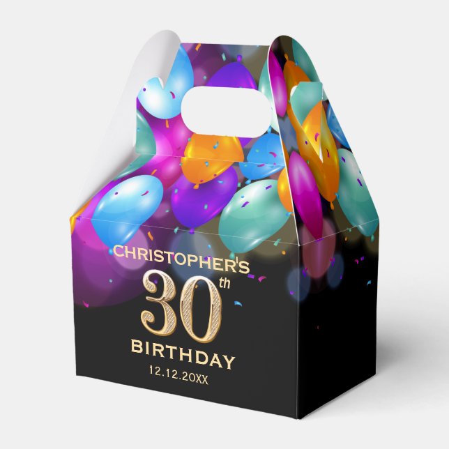 Caixinha De Lembrancinhas Balões Pretos e Dourados do Partido aniversário de (Frente)