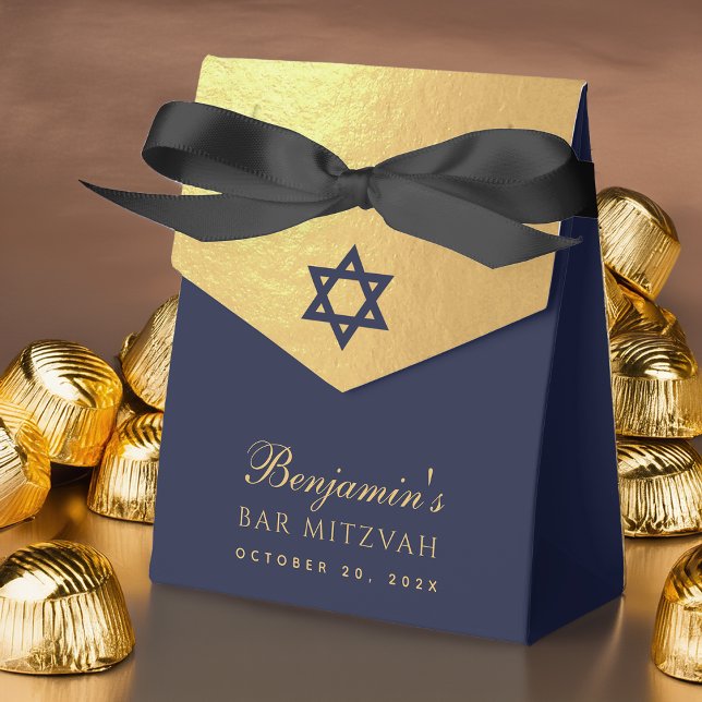 Caixinha De Lembrancinhas Bar Mitzvah Navy Blue Star of David Faux Gold Foil (Criador carregado)