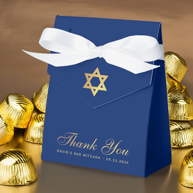 Caixinha De Lembrancinhas Bar Mitzvah Royal Blue Gold Star Thank You Script  (Criador carregado)