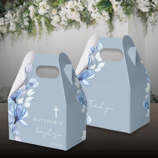 Caixinha De Lembrancinhas Batismo Floral Moderno Elegante Azul Dusty (Dusty Blue Elegant Modern Floral Baptism Favor Boxes)