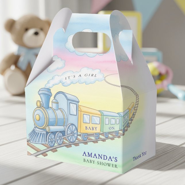 Caixinha De Lembrancinhas Bebê no Conselho Chá de fraldas do comboio de aqua (Baby on Board Watercolor Train Baby Shower Favor Boxes
)