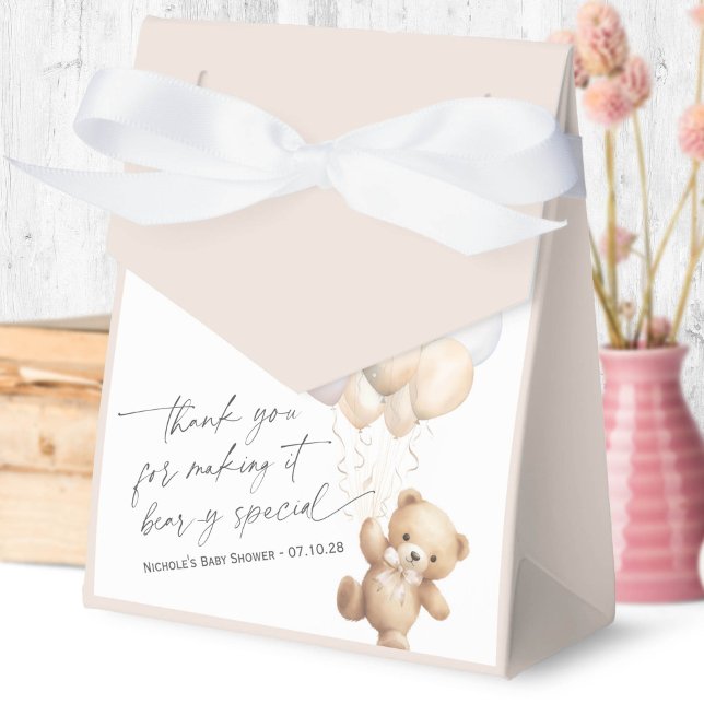 Caixinha De Lembrancinhas Beige Moderno Bearle Cute Esperar Sexo Neutro (We Can Bearly Wait, Beige Baby Boy Shower Favor Box.)