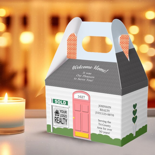 Caixinha De Lembrancinhas Bem-vindo ao Home Wooden Realtor Logo Porta Rosa (Criador carregado)