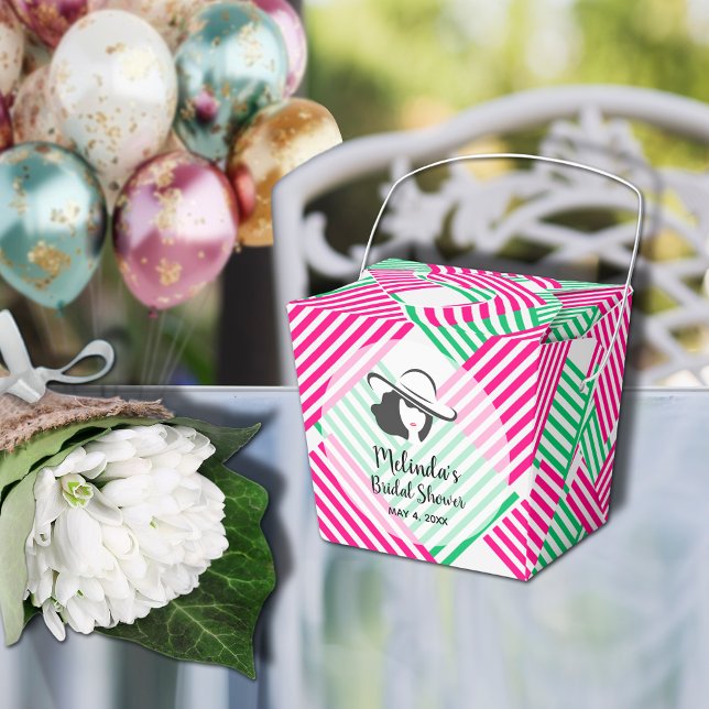 Caixinha De Lembrancinhas Big Hat Derby Lady Hot Pink Green Strips 2" (Big Derby hat lady on hot pink and green diagonal stripes takeout style bridal shower favor boxes)