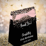 Caixinha De Lembrancinhas Birthday black rose gold glitter name thank you<br><div class="desc">An elegant and glamorous birthday,  any age.  A black background with rose gold faux glitter,  sparkles. With the text: Thank You!  Personalize and add your name age and a date. White letters.   The name is written with a trendy hand lettered style script.</div>