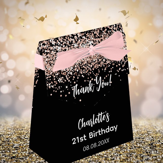 Caixinha De Lembrancinhas Birthday black rose gold glitter name thank you (Criador carregado)