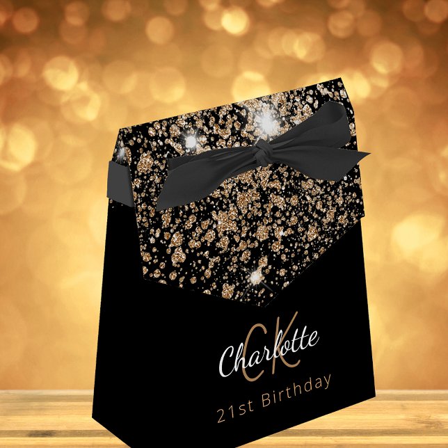 Caixinha De Lembrancinhas Birthday Party black glitter gold monogram (Criador carregado)