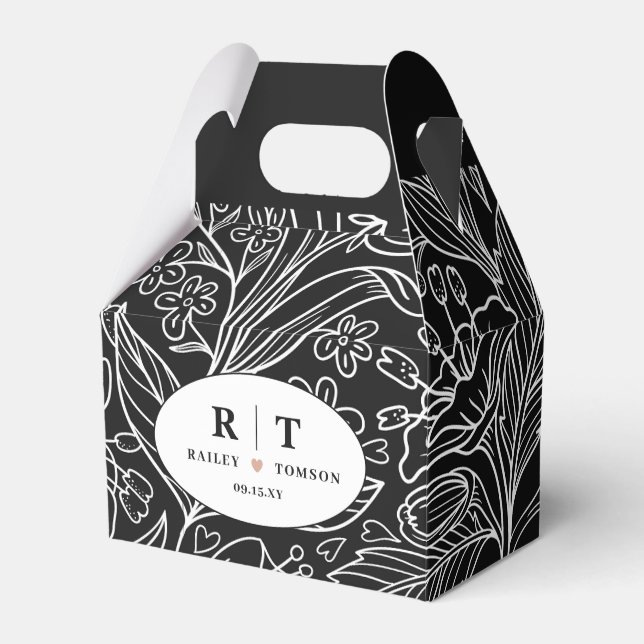 Caixinha De Lembrancinhas Black Chic Modern Floral Obrigado Casamento (Frente)