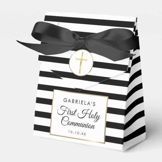 Caixinha De Lembrancinhas Black Stripe Elegante Dourada Primeira Comunhão Sa (Frente)