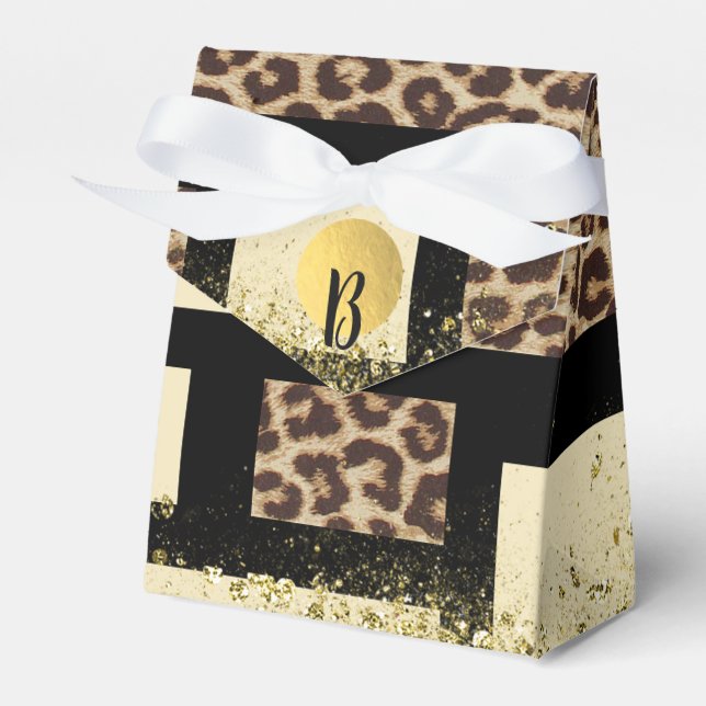Caixinha De Lembrancinhas Bloco de Cor Creme Marfim Preto & Leopardo Guepard (Frente)