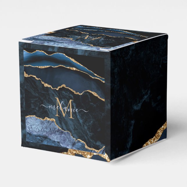 Caixinha De Lembrancinhas Blue Dourado Marble Boxes Custom Name Letter (Frente)