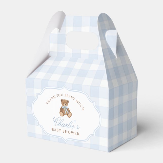 Caixinha De Lembrancinhas Blue Gingham Elegant Teddy Bear Baby Shower (Frente)