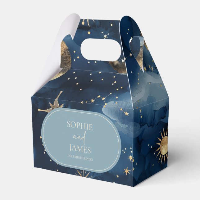 Caixinha De Lembrancinhas Blue Gold Celestial Elegant Starry Sky Wedding (Frente)