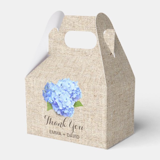 Caixinha De Lembrancinhas Blue Hydrangea Flowers Rustic Burlap Obrigado (Frente)
