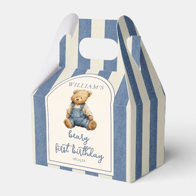 Caixinha De Lembrancinhas Blue Jean Denim Teddy Bear 1st Birthday (Frente)