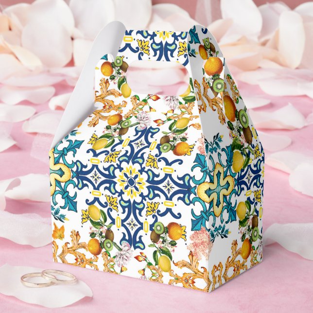 Caixinha De Lembrancinhas Blue Tiles Mediterranean Lemon Pattern (Casamento)