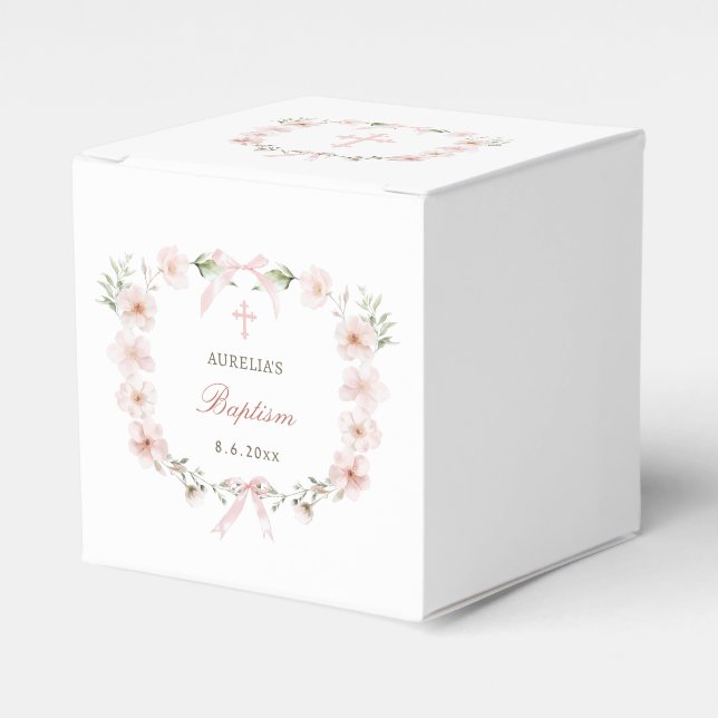 Caixinha De Lembrancinhas Blush Pink Floral Frame Baptism Cube (Frente)