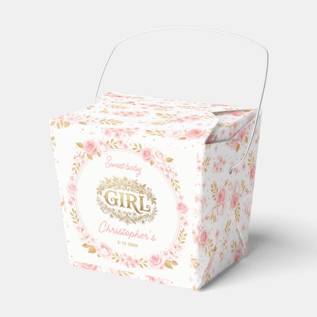 Caixinha De Lembrancinhas Blush Pink & Gold Floral Girl Baby Shower (Frente)