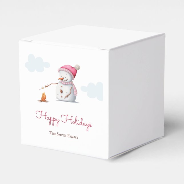Caixinha De Lembrancinhas Boneco de Neve Fofo Assando Marshmallows Natal (Frente)
