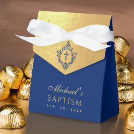 Caixinha De Lembrancinhas Boy Baptism Faux Gold Royal Blue Crest Religious