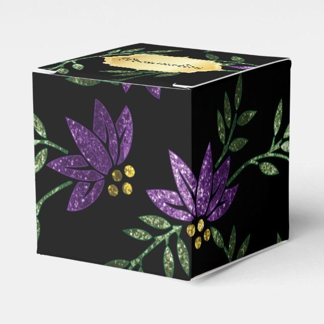 Caixinha De Lembrancinhas Brilho roxo e Floral preto (Frente)