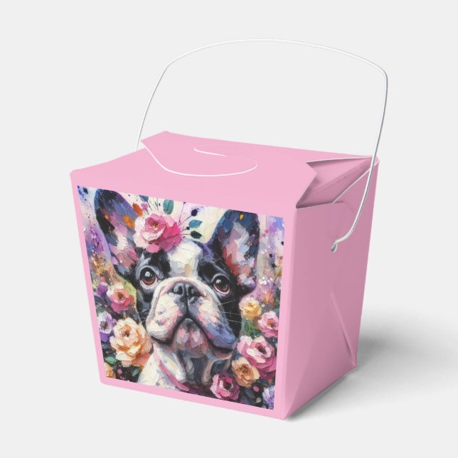 Caixinha De Lembrancinhas Buldogue Francês com Rosa Cachorro Branco Preto (Frente)