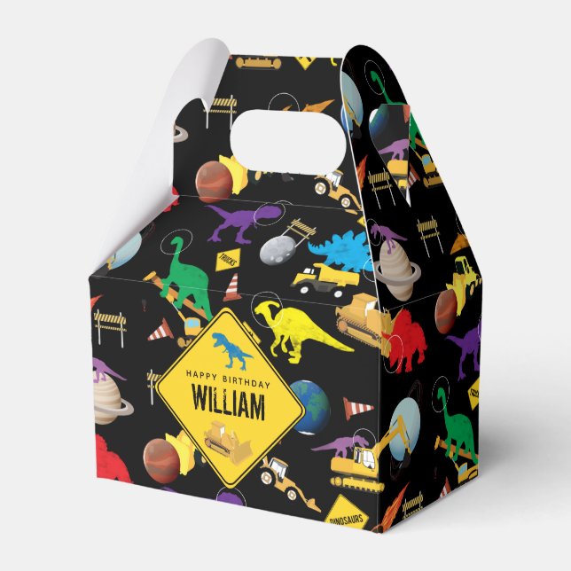 Caixinha De Lembrancinhas Caminhões de Construção Dinossauros no Espaço Aniv (Frente)