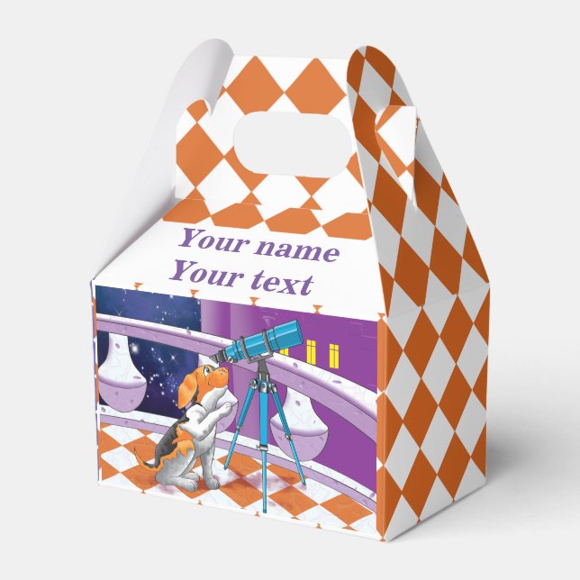 Caixinha De Lembrancinhas Cãozinho bege rufo e telescópio no castelo (Frente)