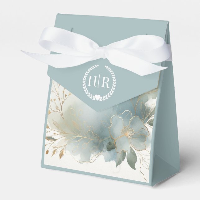 Caixinha De Lembrancinhas Casamento Azul Dourado Suave em Pó Romance (Frente)