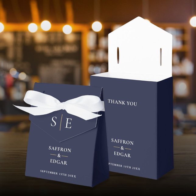 Caixinha De Lembrancinhas Casamento Azul Marinho e Dourado com Monograma (Monogram Navy Blue And Gold Wedding Favor Boxes)