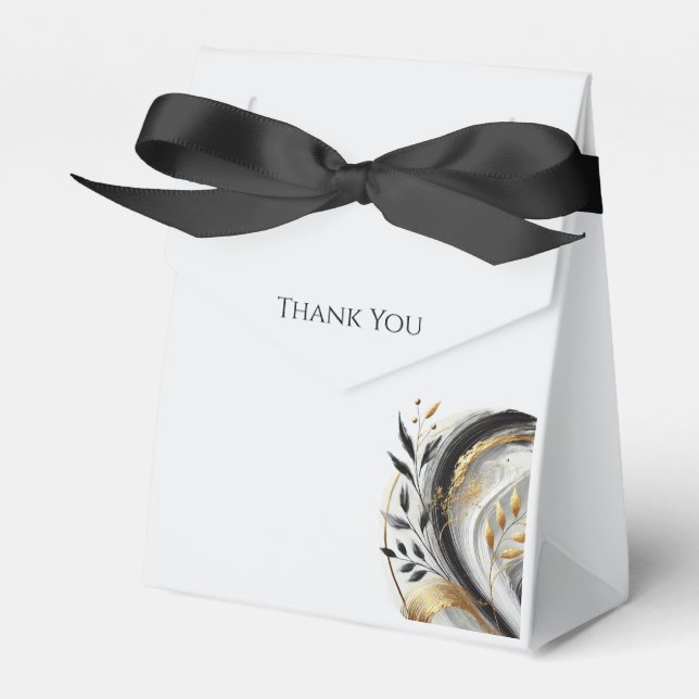Caixinha De Lembrancinhas Casamento Botânico Dourado e branco preto moderno (Frente)