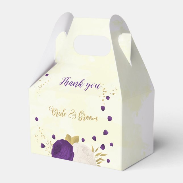 Caixinha De Lembrancinhas casamento botânico real de flores brancas roxas (Frente)