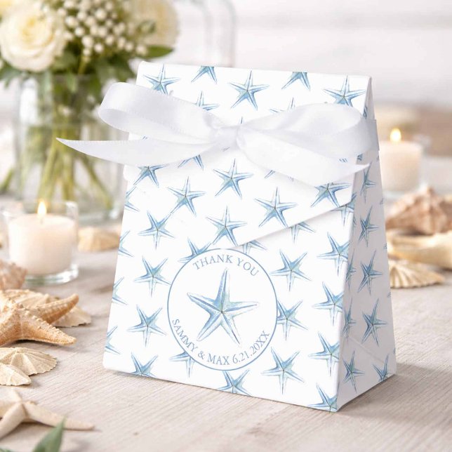 Caixinha De Lembrancinhas Casamento Boxes Watercolor Beach (Beach wedding favor boxes designed with watercolor blue starfish pattern.)
