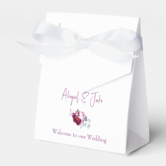Caixinha De Lembrancinhas Casamento Branco de Champanhe Floral Magenta (Frente)