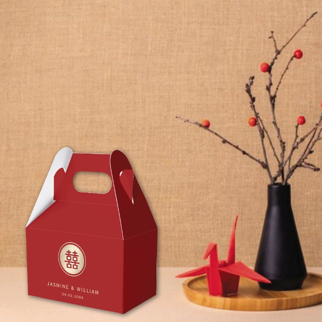 Caixinha De Lembrancinhas Casamento Chinês Chinês de Dupla Felicidade em Cír (Red/Gold Classic Circle Double Happiness Chinese Wedding Party Favor Box @ fatfatin_red_knot)