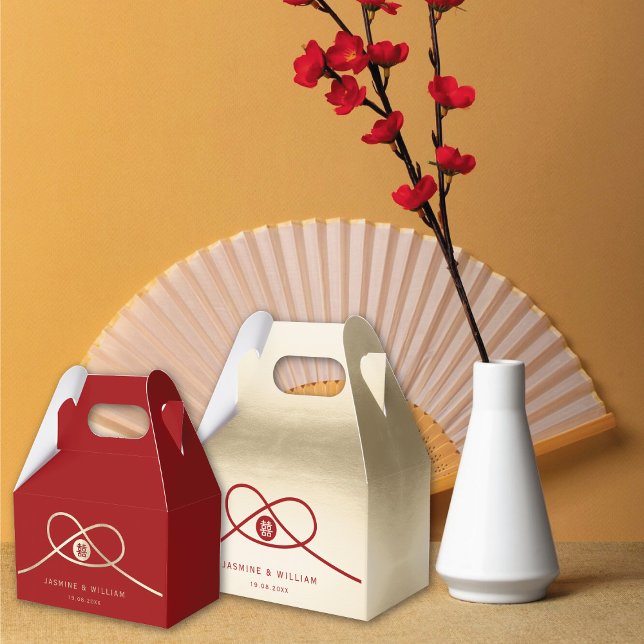 Caixinha De Lembrancinhas Casamento Chinês de Dupla Felicidade do Red Knot U (Red/Gold Knot Union Double Happiness Minimalist Chinese Wedding Party Favor Boxes @ fatfatin_red_box)