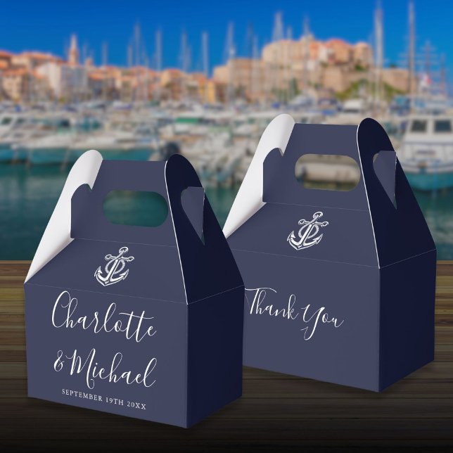 Caixinha De Lembrancinhas Casamento com Letra de Assinatura Náutica Azul Mar (Navy Blue Nautical Signature Script Wedding Favor Boxes)