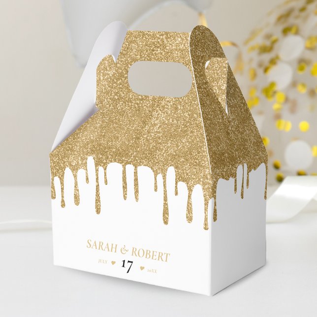 Caixinha De Lembrancinhas Casamento com Lixo Branco e Dourado (White & Gold Glitter Drip Wedding Favor Box)