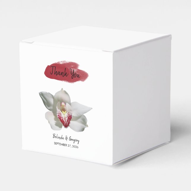 Caixinha De Lembrancinhas Casamento com Orquídea Branca de Borgonha (Frente)