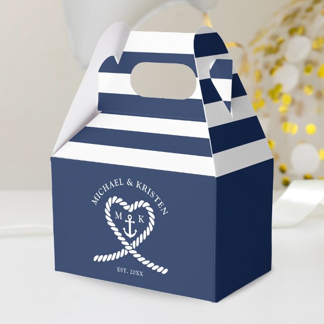 Caixinha De Lembrancinhas Casamento com risca de âncora azul-náutica (Nautical Blue and White Rope Heart Anchor Striped Monogram Wedding Favor Box)