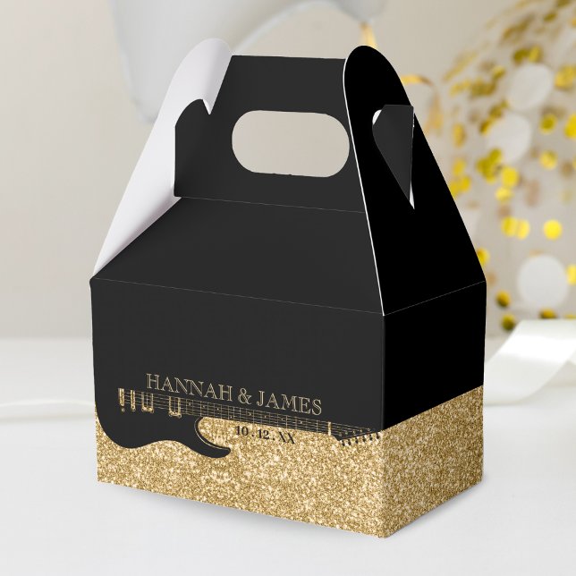 Caixinha De Lembrancinhas Casamento com Violão Negro e Dourado (Black & Gold Glitter Guitar Wedding Favor Box)