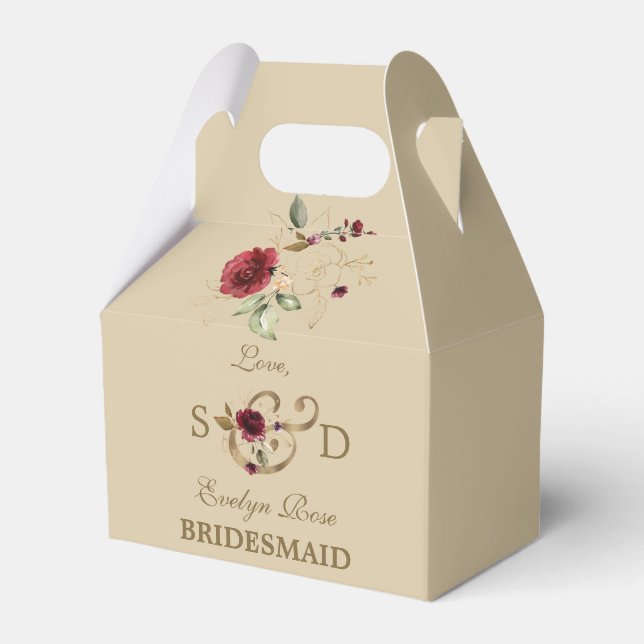 Caixinha De Lembrancinhas Casamento das Flores Douradas Real Burgundy (Frente)