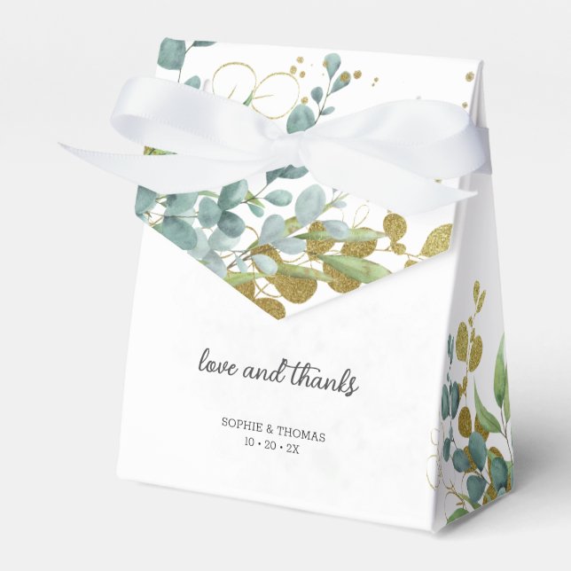Caixinha De Lembrancinhas Casamento de aquarela em verde e dourado de eucali (Frente)