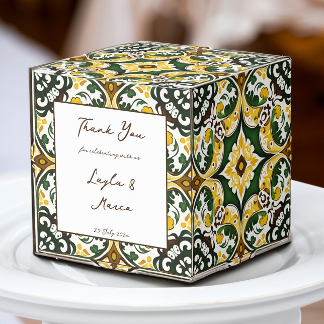 Caixinha De Lembrancinhas Casamento de azulejo de Talavera, uma vegetação am (Green yellow vintage Mediterranean Talavera Azulejo tile personalized printed wedding Favor Boxes )