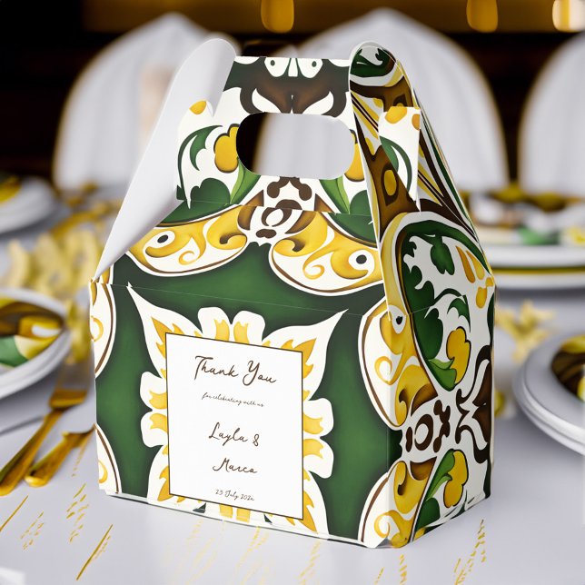 Caixinha De Lembrancinhas Casamento de azulejo Mediterrâneo verde-amarelo (Green yellow vintage Mediterranean tile wedding favors personalized printed Favor Box)