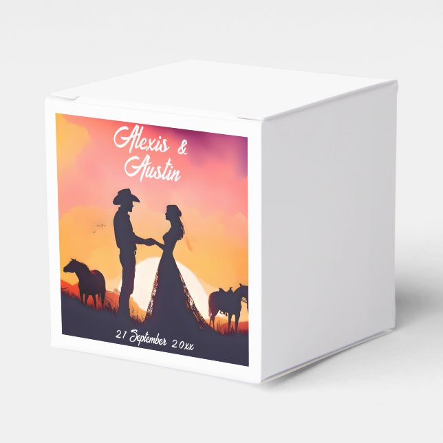 Caixinha De Lembrancinhas Casamento de Cowboy e Cowgirl em Silhouette (Frente)