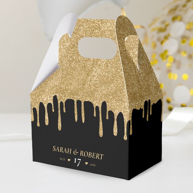 Caixinha De Lembrancinhas Casamento de Derramamento de Literatura Preta e Do (Black & Gold Glitter Drip Wedding Favor Box)