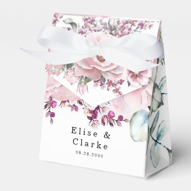 Caixinha De Lembrancinhas Casamento de Eucalyptus Floral Dourado com Rosa bo (Frente)