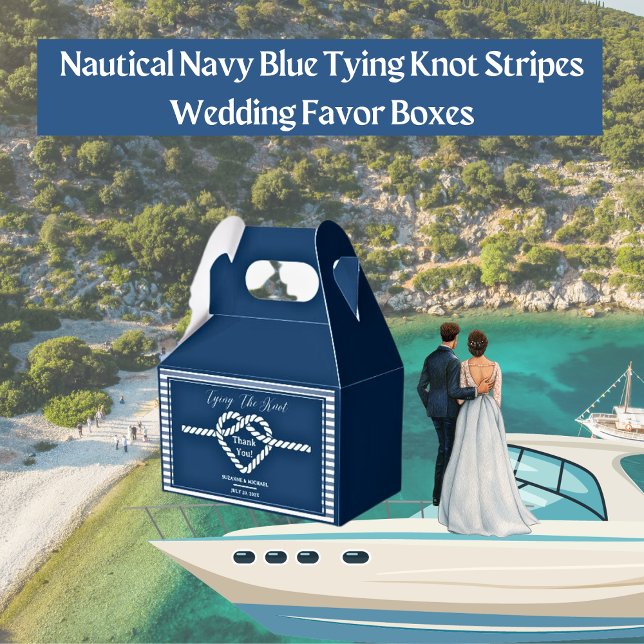 Caixinha De Lembrancinhas Casamento de faixas de Marinho Azul Azul (Nautical Navy Blue Tying Knot Stripes Wedding Favor Box)