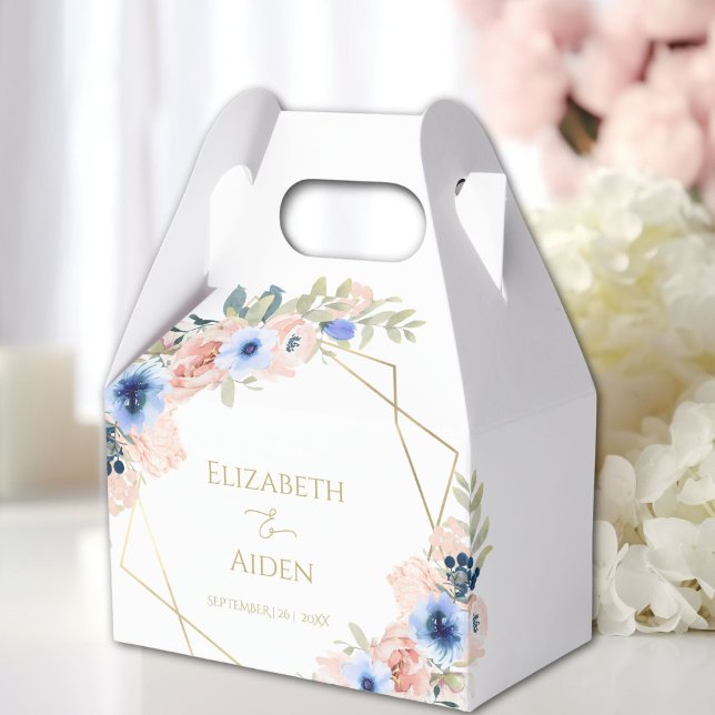 Caixinha De Lembrancinhas Casamento de flores azuis (Peach blue flowers wedding THANK YOU favor boxes with your name and date.)